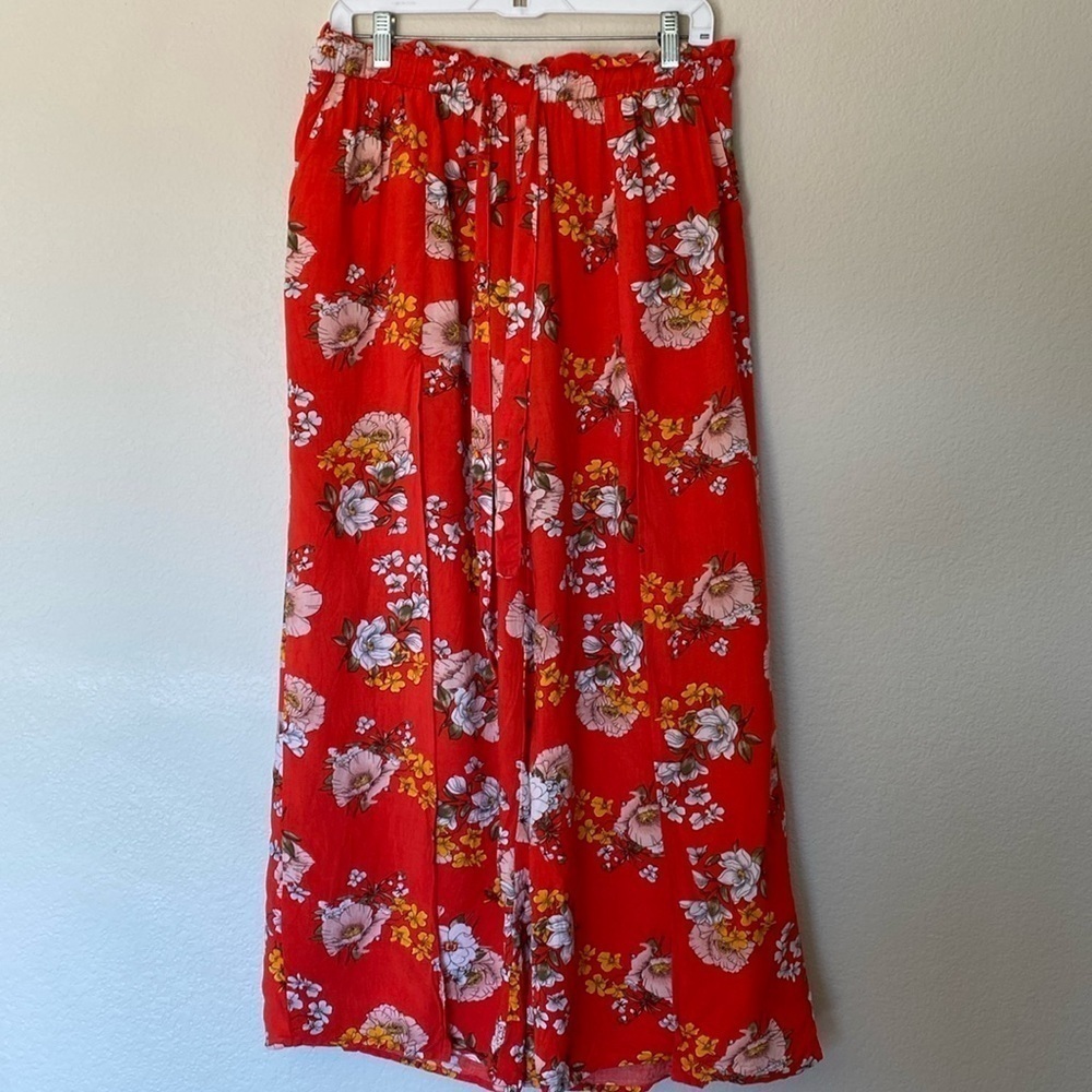 Blue Island floral palazzo pants women’s large red split front pockets